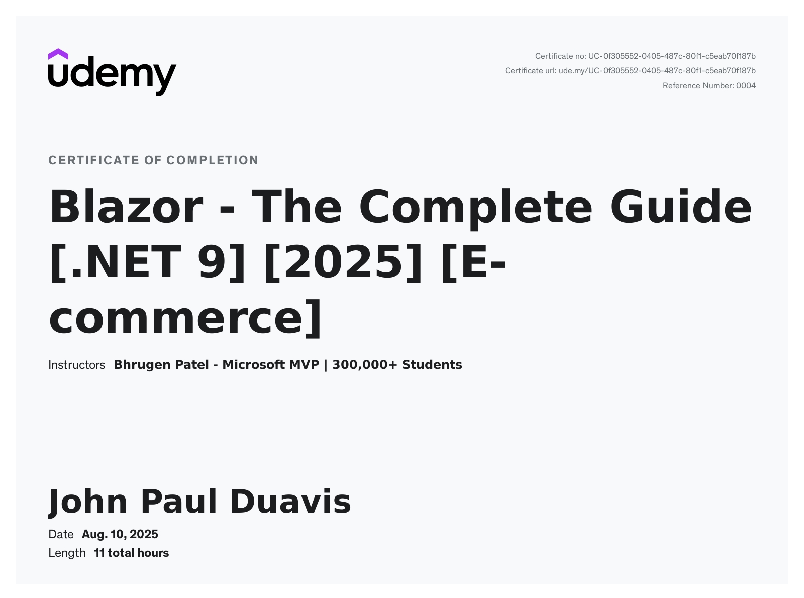 CERTIFICATE OF COMPLETION - Blazor .NET9